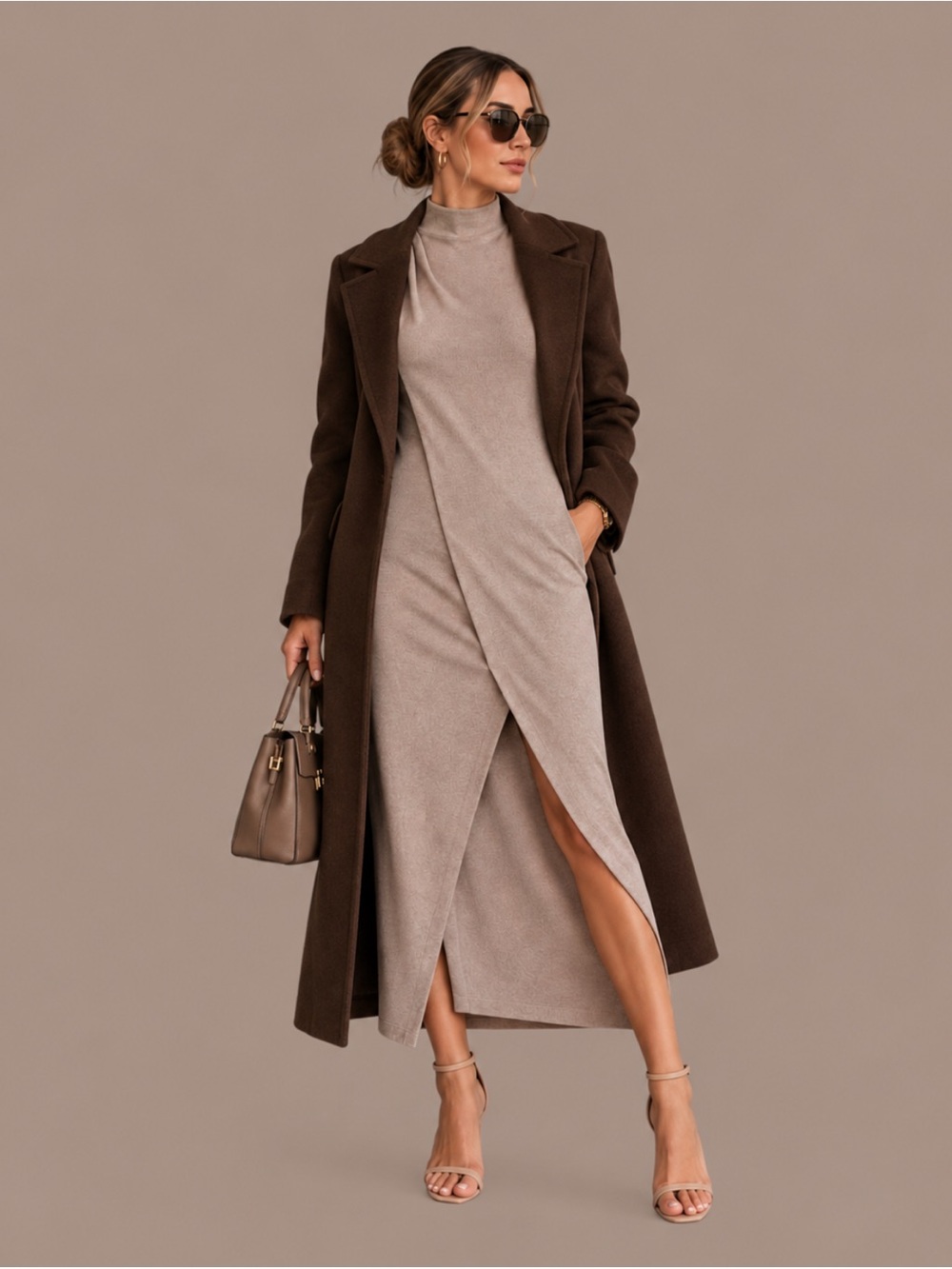 Zara Taupe Knit Midi Dress Draped Mock Neck Asymmetrical Size S